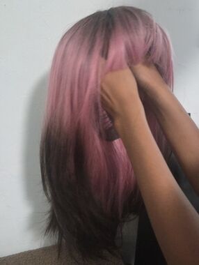 Pink to Brown Ombre Long Straight Wig with Bangs